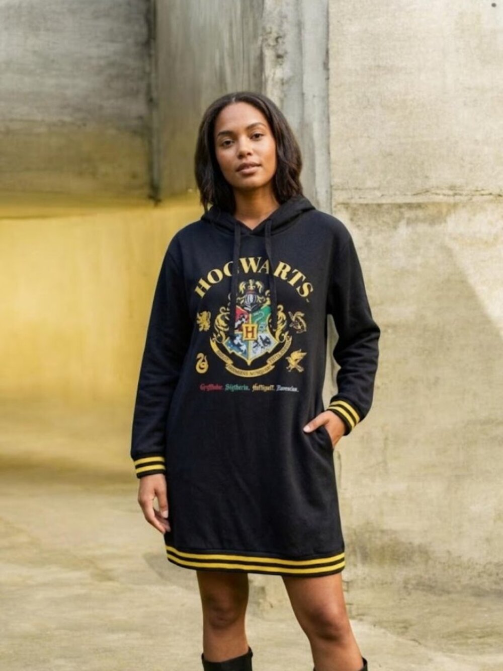 Harry Potter Wizarding World Hogwarts Crest Longline Hoodie Sweatshirt Dress, L